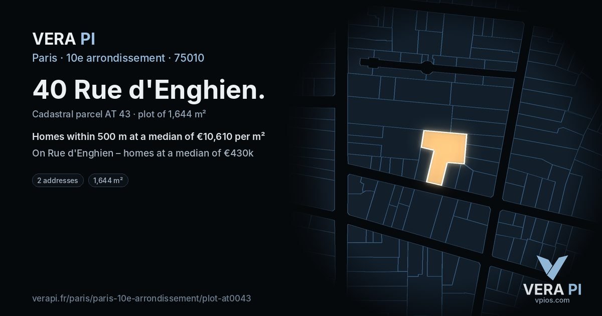 40 Rue d'Enghien, 10e arrondissement at night – the plot lit, the parcels around coloured by the prices near them