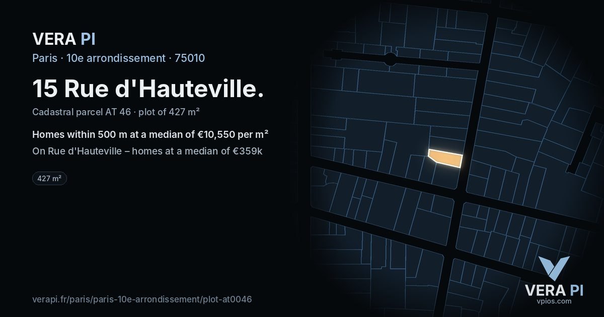 15 Rue d'Hauteville, 10e arrondissement at night – the plot lit, the parcels around coloured by the prices near them