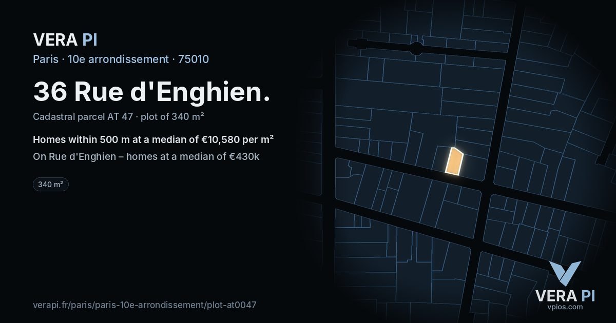 36 Rue d'Enghien, 10e arrondissement at night – the plot lit, the parcels around coloured by the prices near them