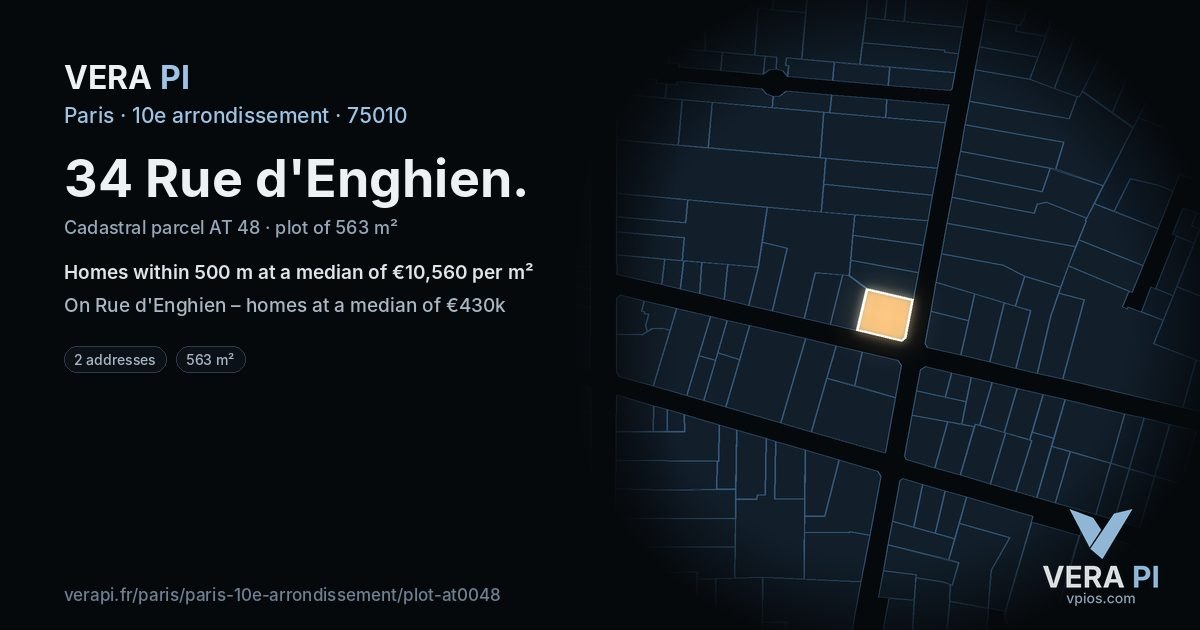 34 Rue d'Enghien, 10e arrondissement at night – the plot lit, the parcels around coloured by the prices near them