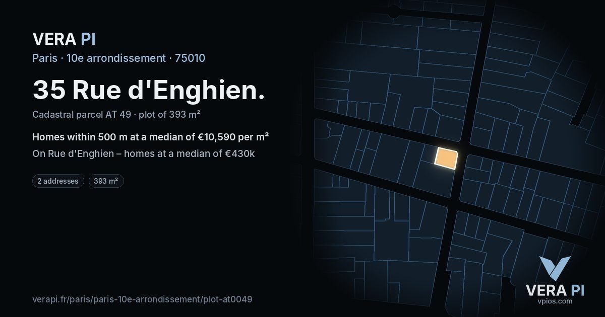 35 Rue d'Enghien, 10e arrondissement at night – the plot lit, the parcels around coloured by the prices near them