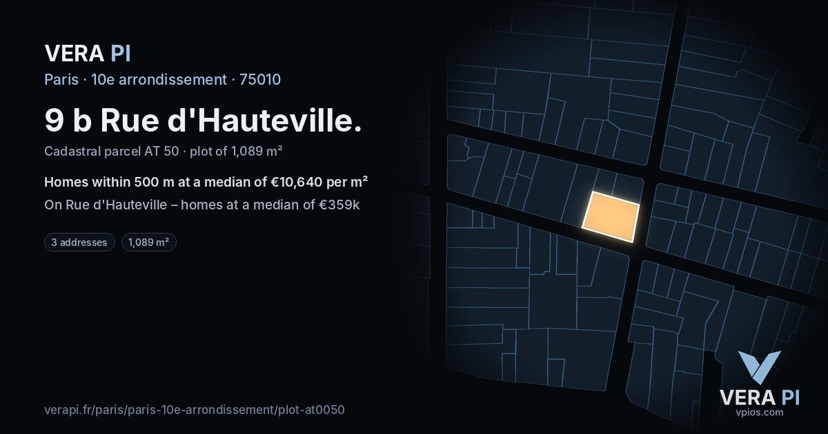 9 b Rue d'Hauteville, 10e arrondissement at night – the plot lit, the parcels around coloured by the prices near them