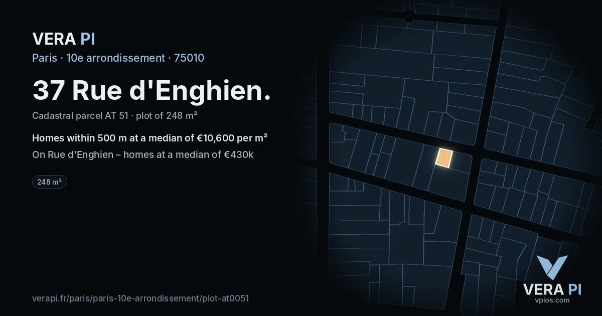 37 Rue d'Enghien, 10e arrondissement at night – the plot lit, the parcels around coloured by the prices near them