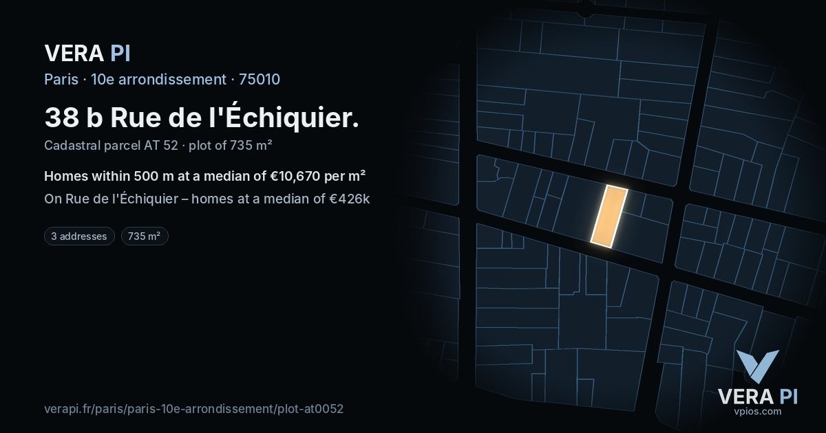 38 b Rue de l'Échiquier, 10e arrondissement at night – the plot lit, the parcels around coloured by the prices near them