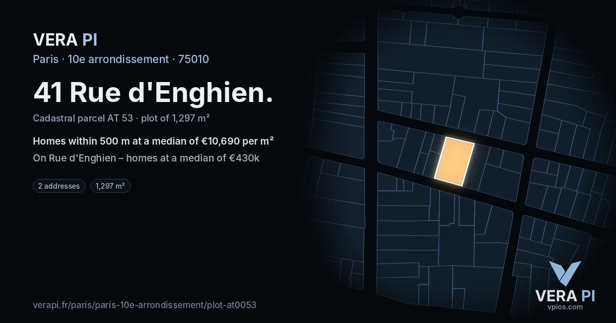 41 Rue d'Enghien, 10e arrondissement at night – the plot lit, the parcels around coloured by the prices near them