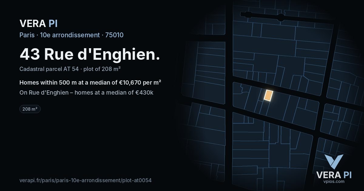 43 Rue d'Enghien, 10e arrondissement at night – the plot lit, the parcels around coloured by the prices near them