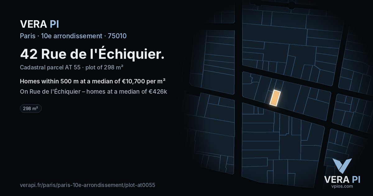 42 Rue de l'Échiquier, 10e arrondissement at night – the plot lit, the parcels around coloured by the prices near them