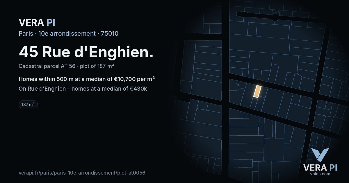 45 Rue d'Enghien, 10e arrondissement at night – the plot lit, the parcels around coloured by the prices near them