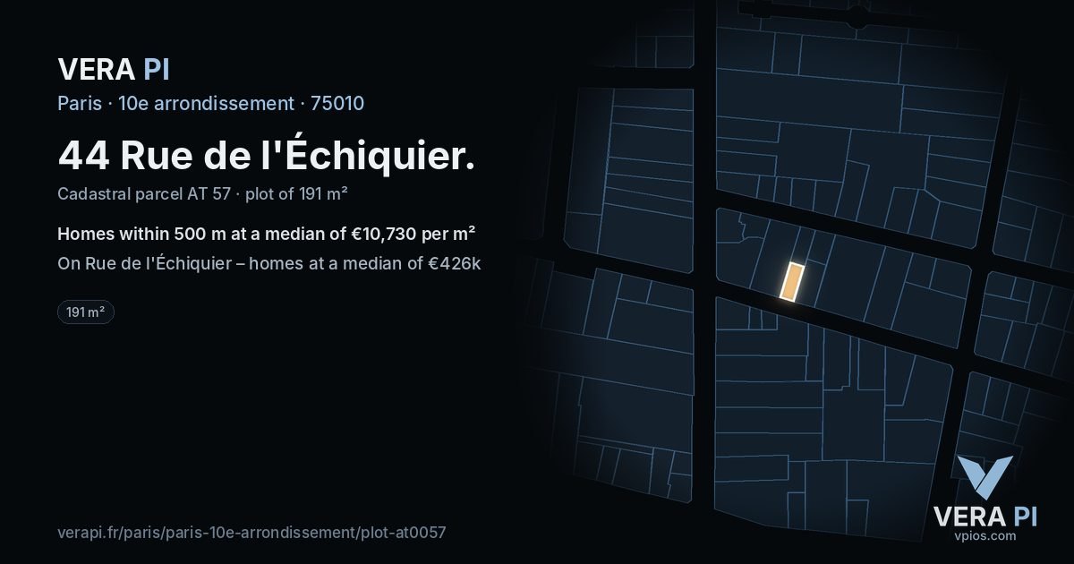 44 Rue de l'Échiquier, 10e arrondissement at night – the plot lit, the parcels around coloured by the prices near them