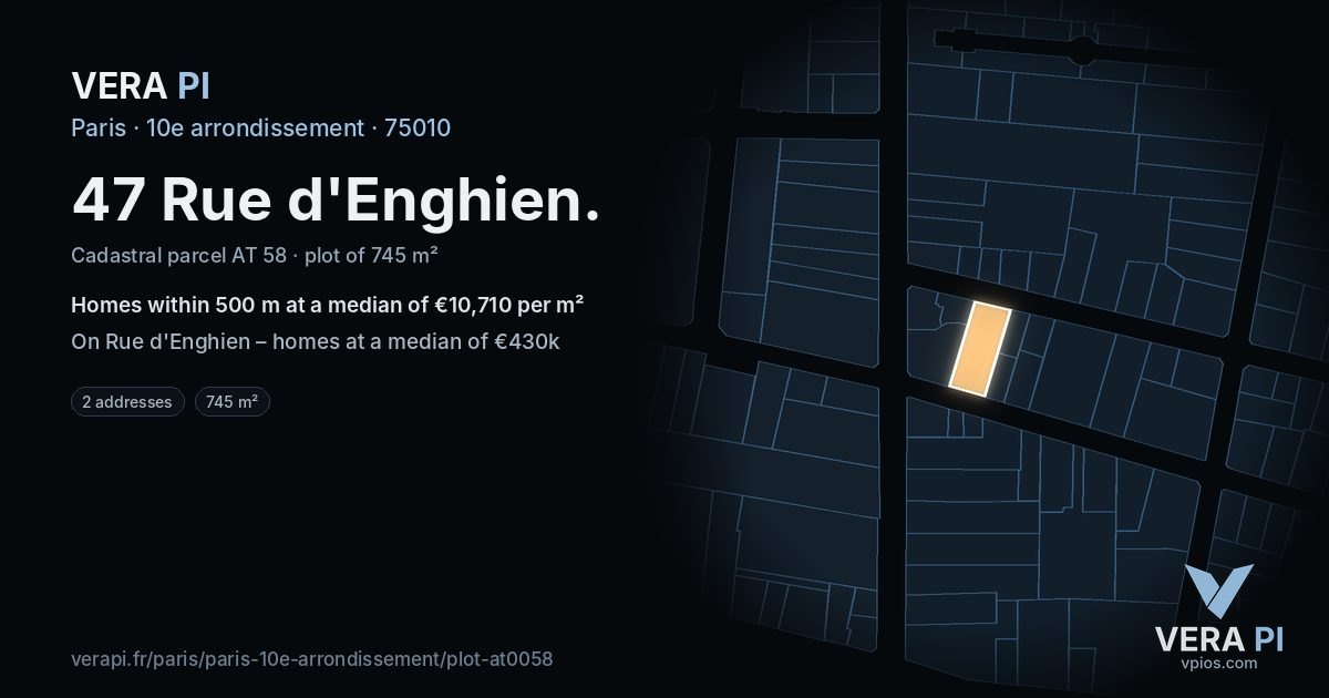 47 Rue d'Enghien, 10e arrondissement at night – the plot lit, the parcels around coloured by the prices near them