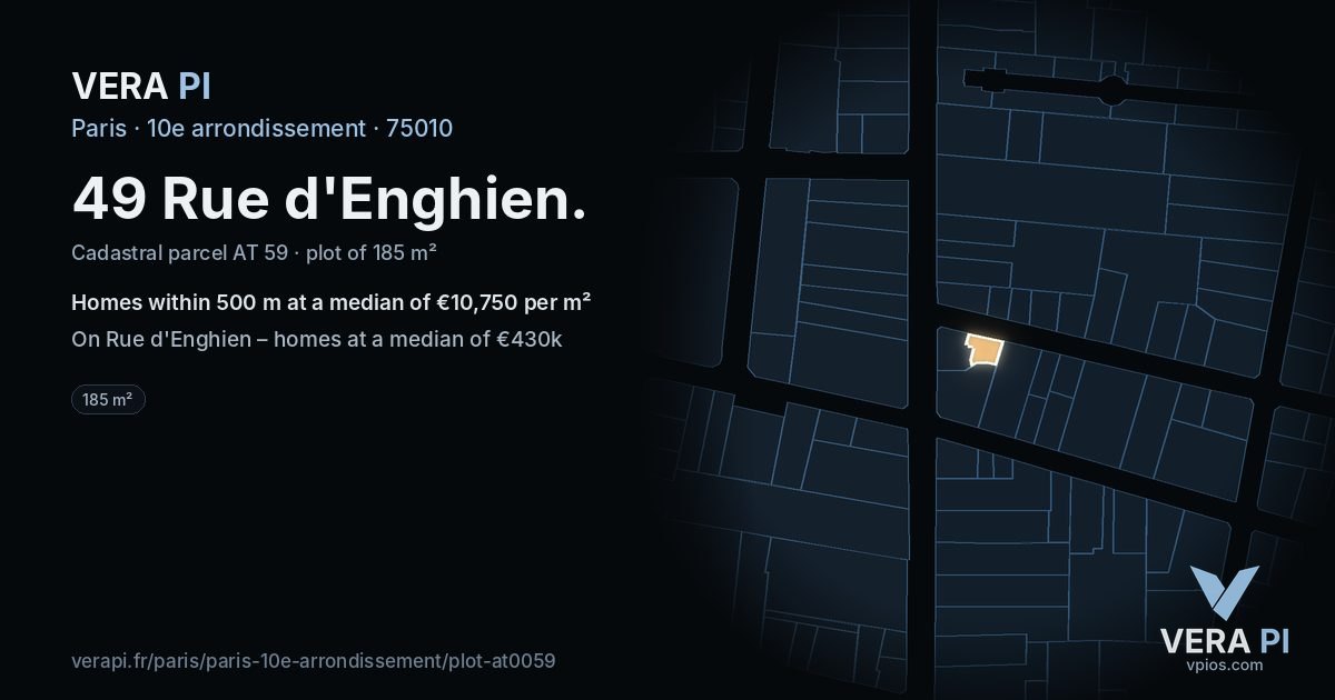 49 Rue d'Enghien, 10e arrondissement at night – the plot lit, the parcels around coloured by the prices near them