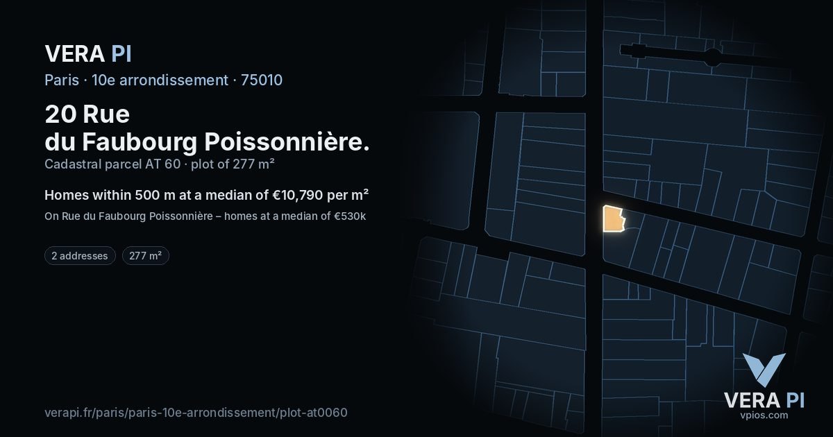 20 Rue du Faubourg Poissonnière, 10e arrondissement at night – the plot lit, the parcels around coloured by the prices near them