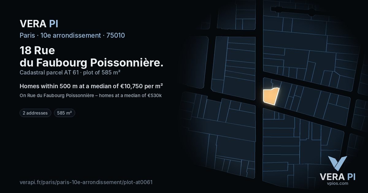 18 Rue du Faubourg Poissonnière, 10e arrondissement at night – the plot lit, the parcels around coloured by the prices near them