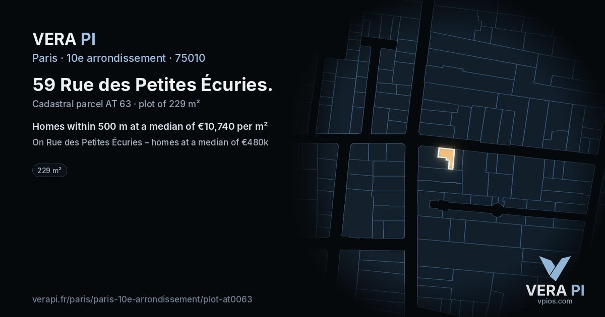59 Rue des Petites Écuries, 10e arrondissement at night – the plot lit, the parcels around coloured by the prices near them