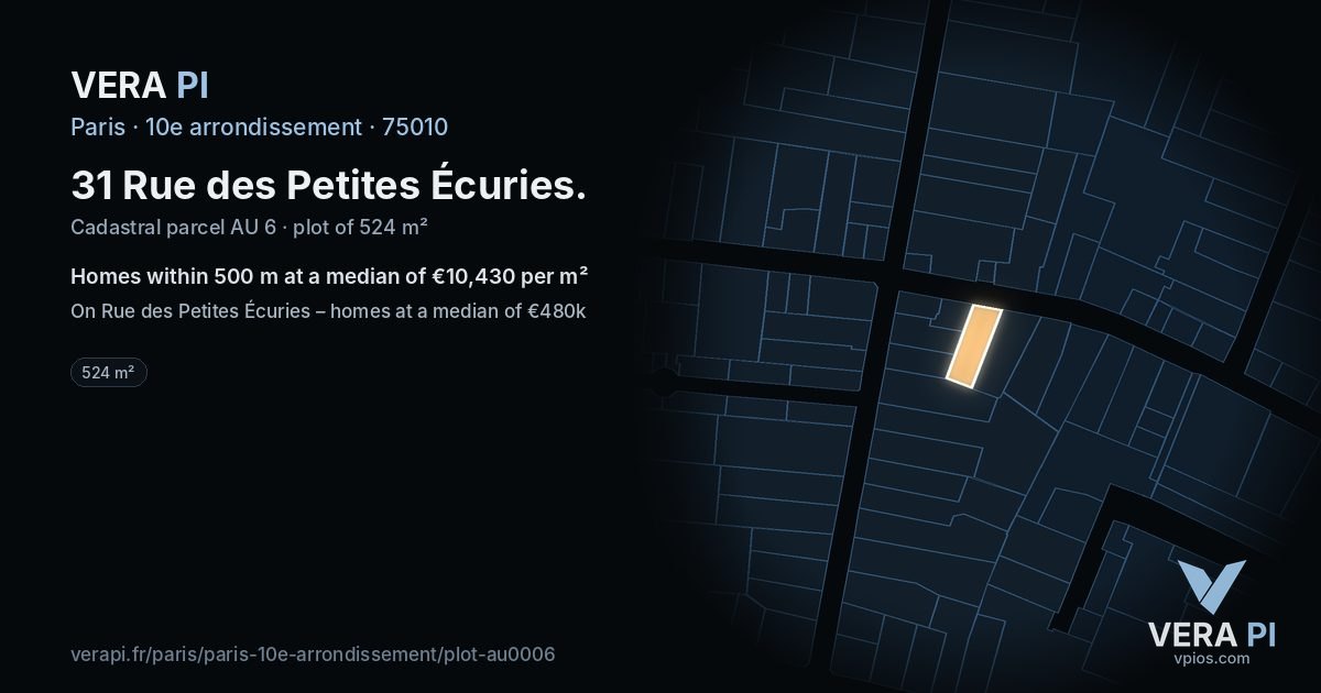 31 Rue des Petites Écuries, 10e arrondissement at night – the plot lit, the parcels around coloured by the prices near them