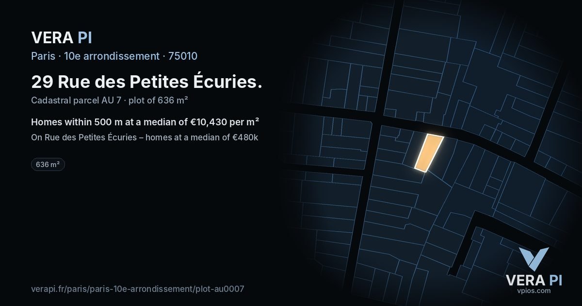 29 Rue des Petites Écuries, 10e arrondissement at night – the plot lit, the parcels around coloured by the prices near them