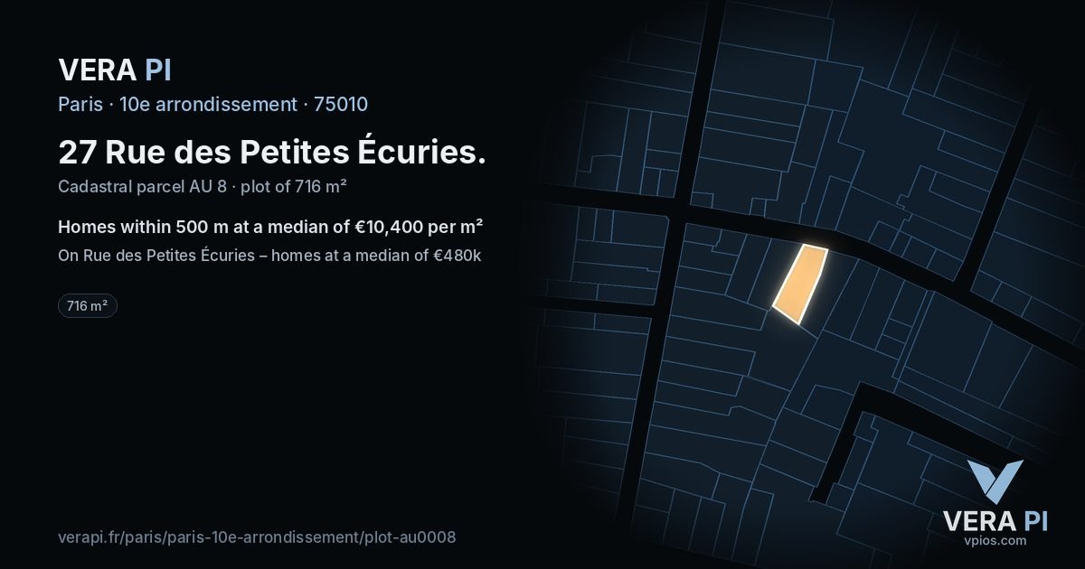 27 Rue des Petites Écuries, 10e arrondissement at night – the plot lit, the parcels around coloured by the prices near them