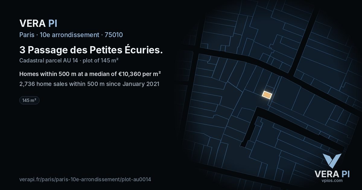 3 Passage des Petites Écuries, 10e arrondissement at night – the plot lit, the parcels around coloured by the prices near them