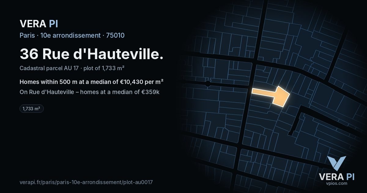 36 Rue d'Hauteville, 10e arrondissement at night – the plot lit, the parcels around coloured by the prices near them