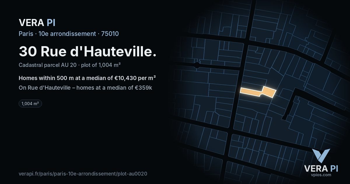 30 Rue d'Hauteville, 10e arrondissement at night – the plot lit, the parcels around coloured by the prices near them