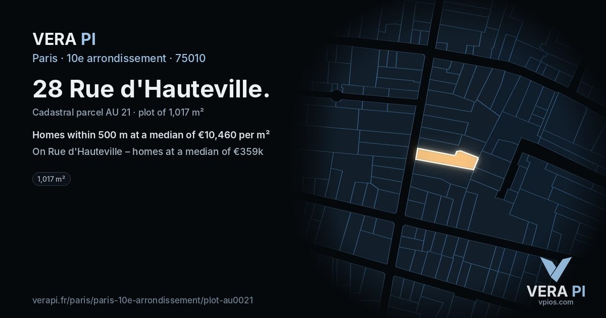 28 Rue d'Hauteville, 10e arrondissement at night – the plot lit, the parcels around coloured by the prices near them
