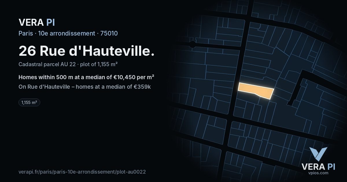 26 Rue d'Hauteville, 10e arrondissement at night – the plot lit, the parcels around coloured by the prices near them
