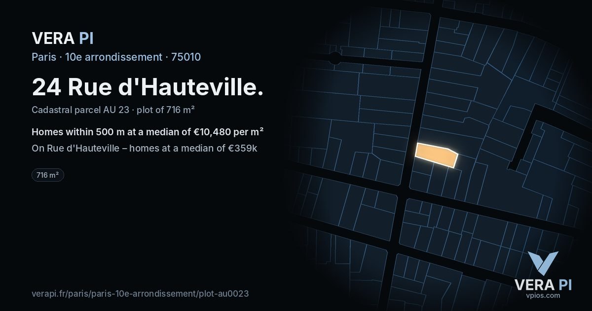 24 Rue d'Hauteville, 10e arrondissement at night – the plot lit, the parcels around coloured by the prices near them
