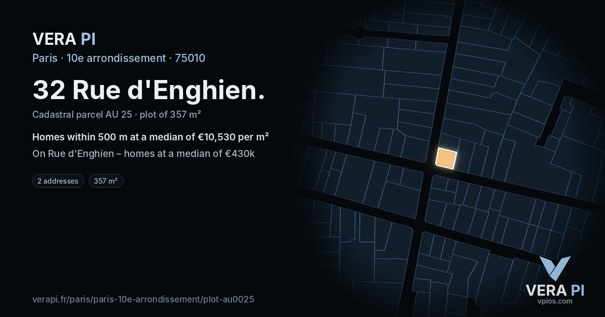 32 Rue d'Enghien, 10e arrondissement at night – the plot lit, the parcels around coloured by the prices near them