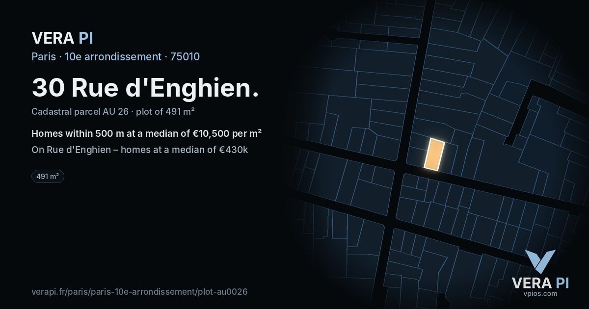 30 Rue d'Enghien, 10e arrondissement at night – the plot lit, the parcels around coloured by the prices near them