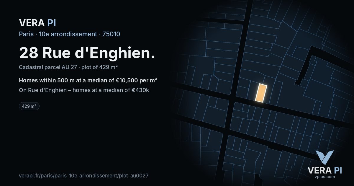 28 Rue d'Enghien, 10e arrondissement at night – the plot lit, the parcels around coloured by the prices near them