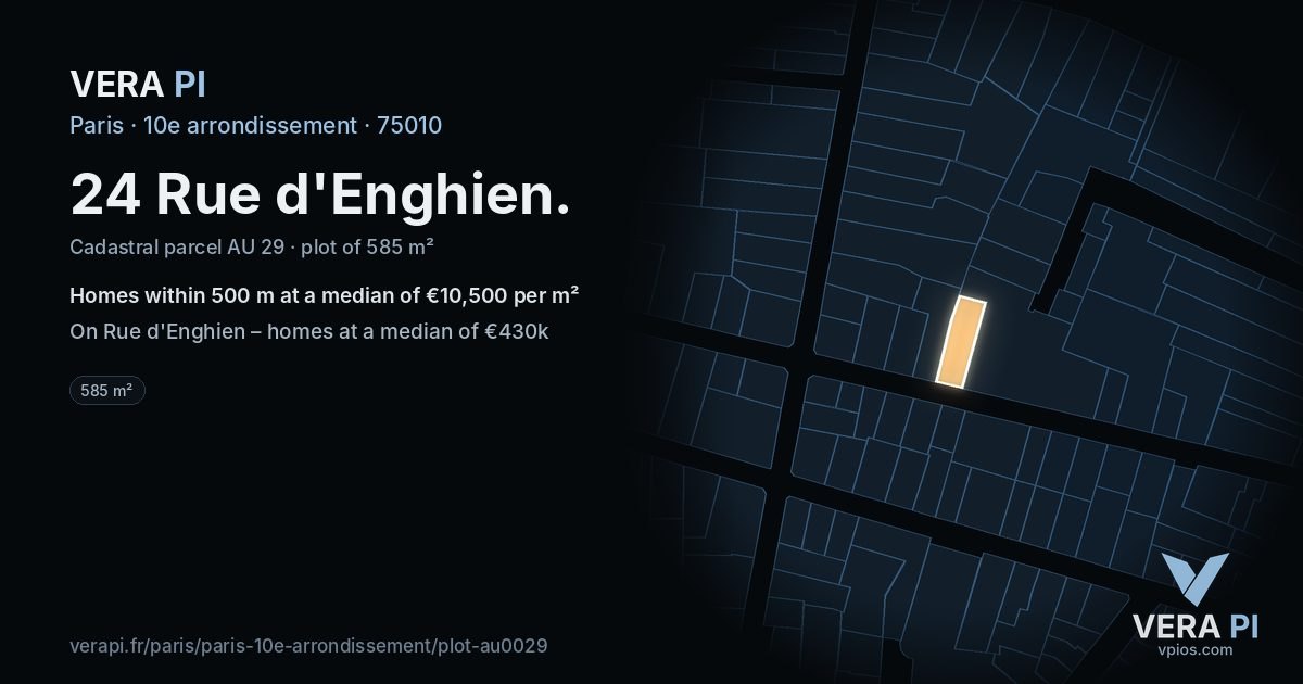 24 Rue d'Enghien, 10e arrondissement at night – the plot lit, the parcels around coloured by the prices near them