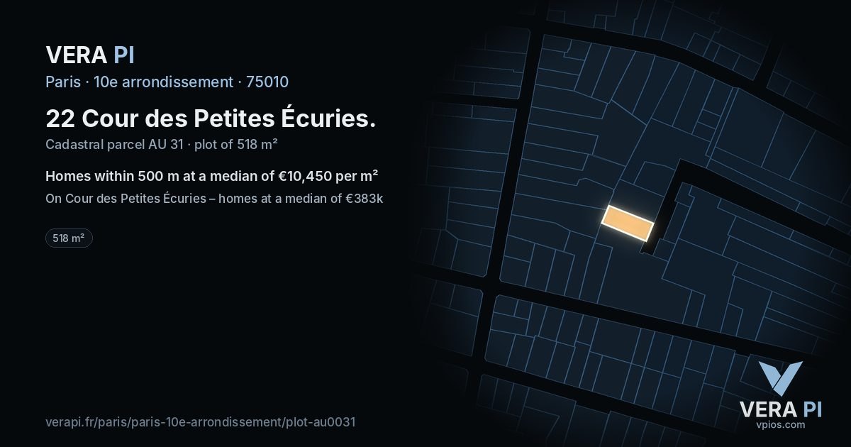 22 Cour des Petites Écuries, 10e arrondissement at night – the plot lit, the parcels around coloured by the prices near them