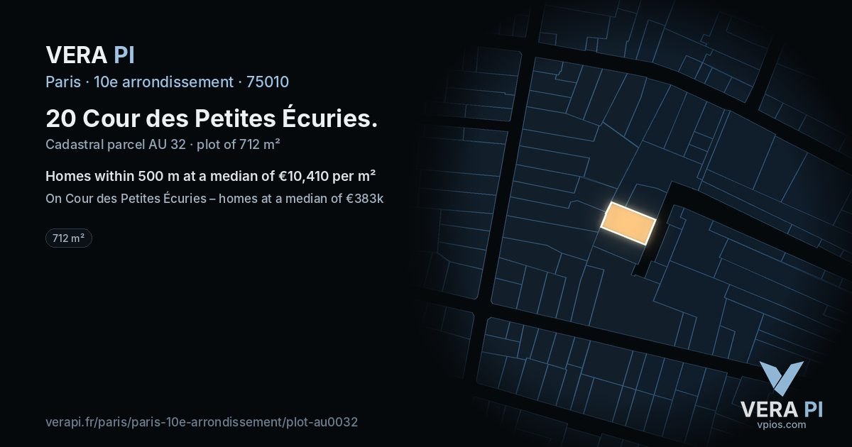 20 Cour des Petites Écuries, 10e arrondissement at night – the plot lit, the parcels around coloured by the prices near them
