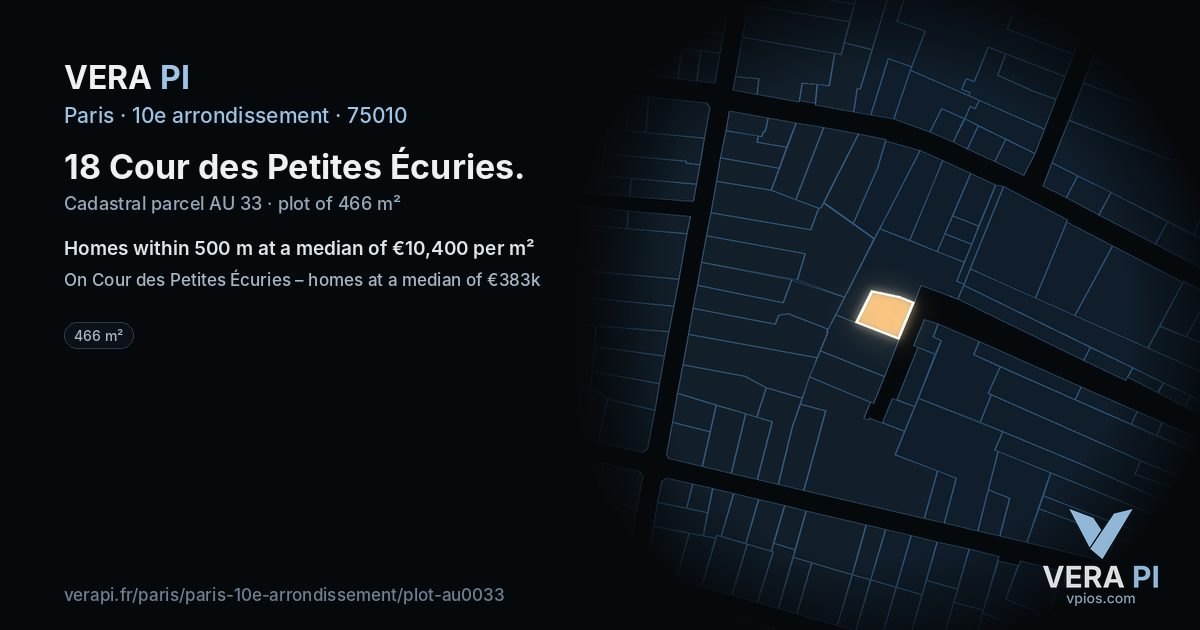 18 Cour des Petites Écuries, 10e arrondissement at night – the plot lit, the parcels around coloured by the prices near them