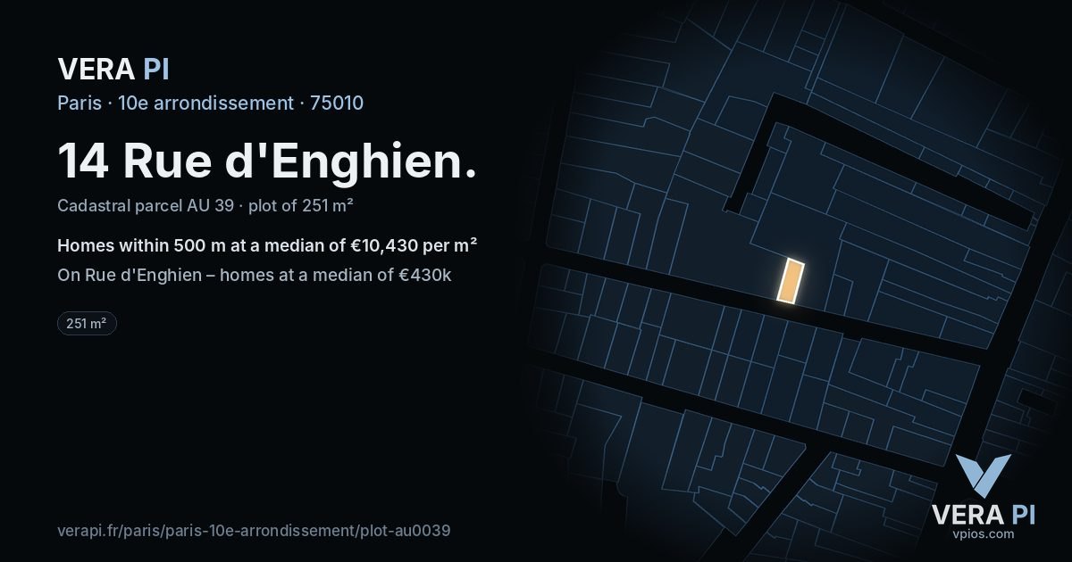 14 Rue d'Enghien, 10e arrondissement at night – the plot lit, the parcels around coloured by the prices near them