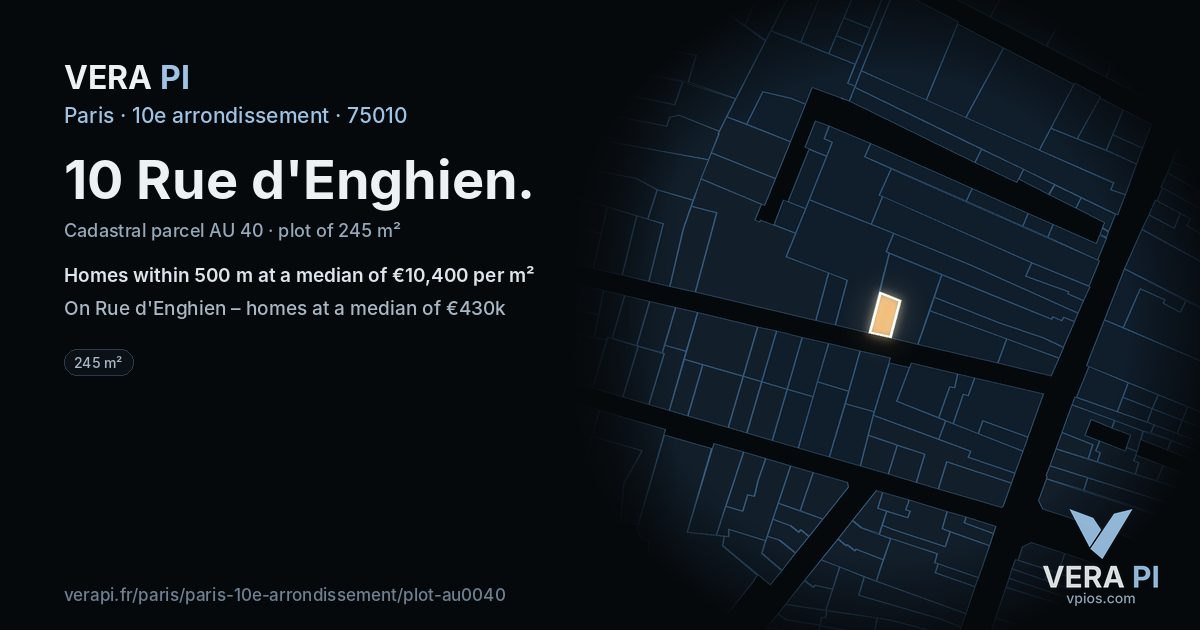 10 Rue d'Enghien, 10e arrondissement at night – the plot lit, the parcels around coloured by the prices near them