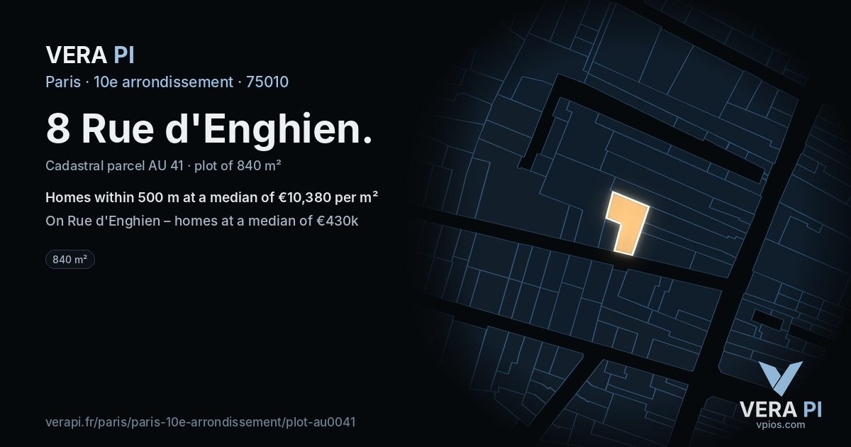 8 Rue d'Enghien, 10e arrondissement at night – the plot lit, the parcels around coloured by the prices near them