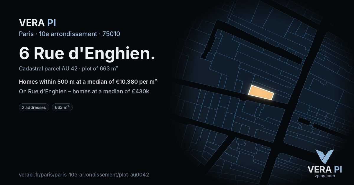 6 Rue d'Enghien, 10e arrondissement at night – the plot lit, the parcels around coloured by the prices near them