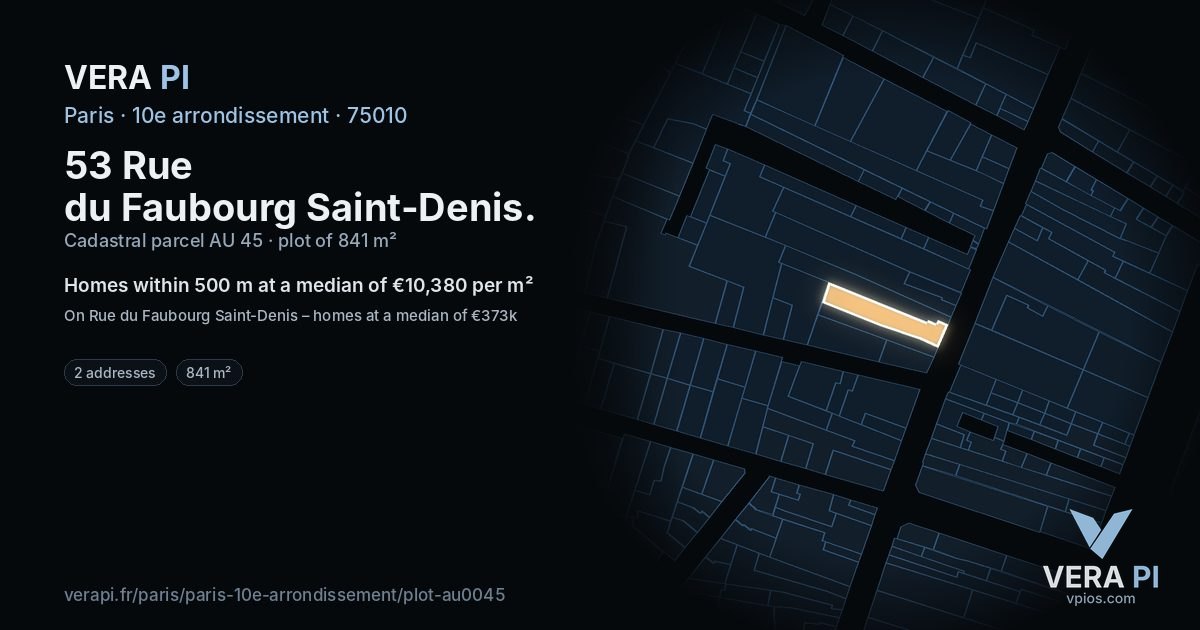 53 Rue du Faubourg Saint-Denis, 10e arrondissement at night – the plot lit, the parcels around coloured by the prices near them