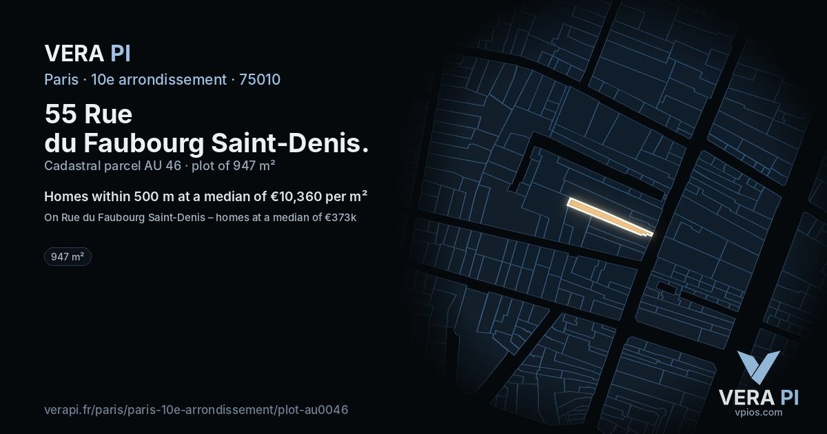 55 Rue du Faubourg Saint-Denis, 10e arrondissement at night – the plot lit, the parcels around coloured by the prices near them