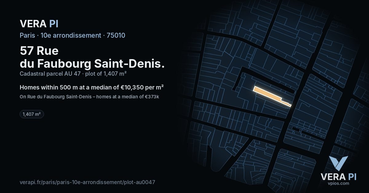 57 Rue du Faubourg Saint-Denis, 10e arrondissement at night – the plot lit, the parcels around coloured by the prices near them