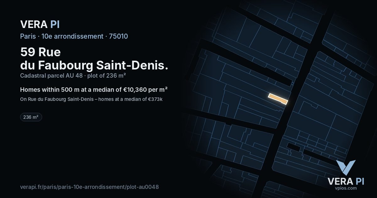 59 Rue du Faubourg Saint-Denis, 10e arrondissement at night – the plot lit, the parcels around coloured by the prices near them