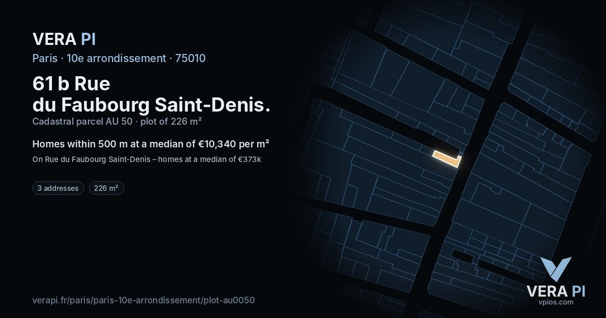 61 b Rue du Faubourg Saint-Denis, 10e arrondissement at night – the plot lit, the parcels around coloured by the prices near them