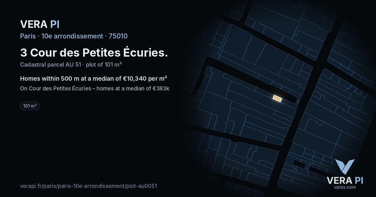 3 Cour des Petites Écuries, 10e arrondissement at night – the plot lit, the parcels around coloured by the prices near them
