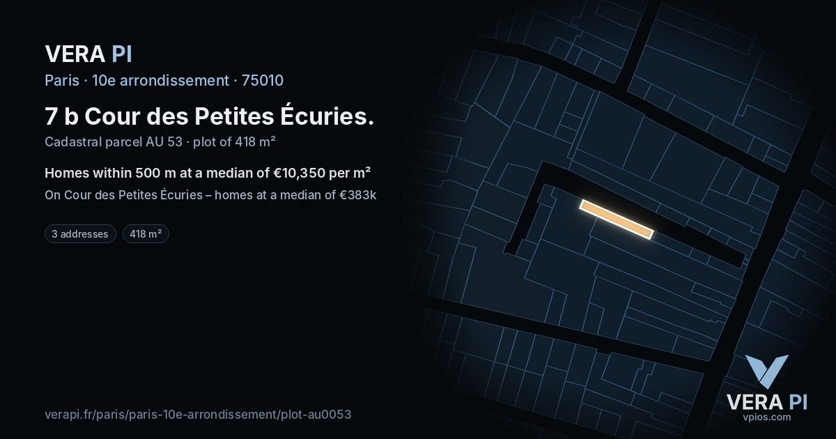 7 b Cour des Petites Écuries, 10e arrondissement at night – the plot lit, the parcels around coloured by the prices near them