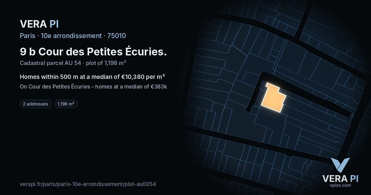 9 b Cour des Petites Écuries, 10e arrondissement at night – the plot lit, the parcels around coloured by the prices near them