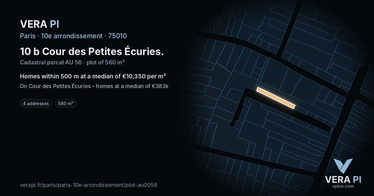 10 b Cour des Petites Écuries, 10e arrondissement at night – the plot lit, the parcels around coloured by the prices near them