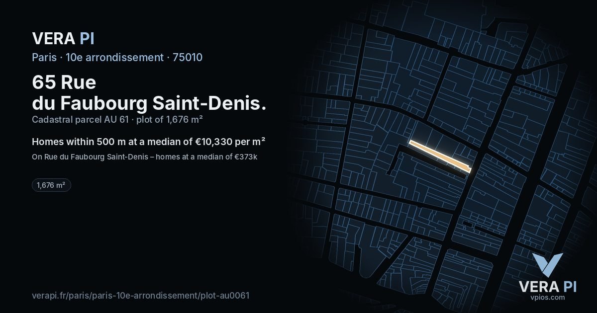 65 Rue du Faubourg Saint-Denis, 10e arrondissement at night – the plot lit, the parcels around coloured by the prices near them