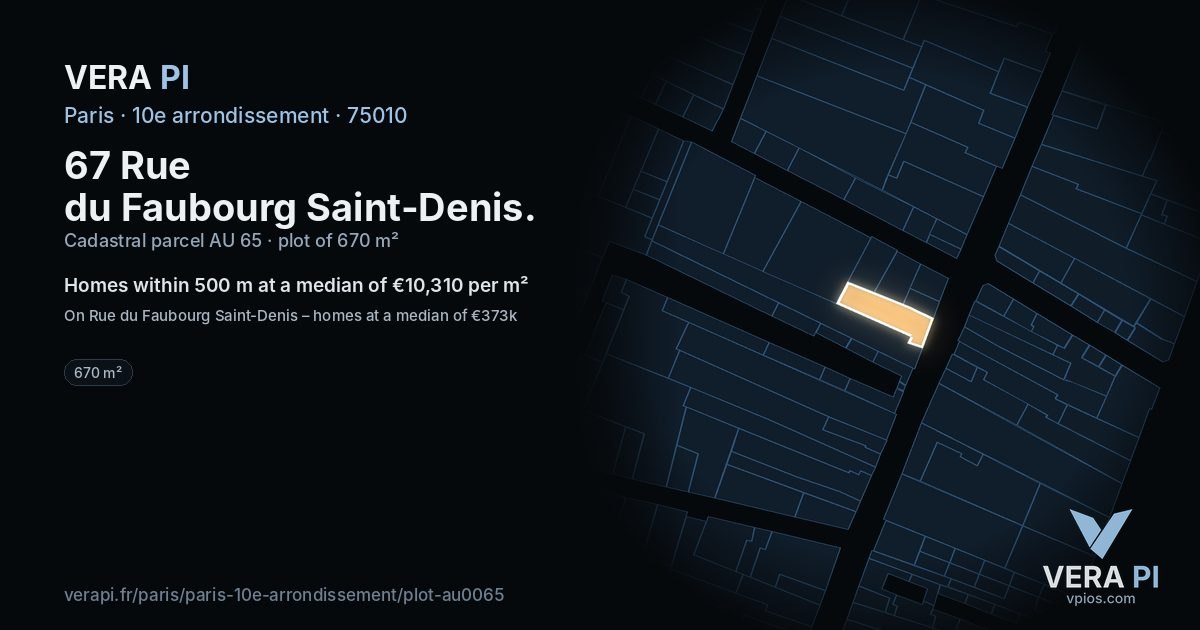 67 Rue du Faubourg Saint-Denis, 10e arrondissement at night – the plot lit, the parcels around coloured by the prices near them
