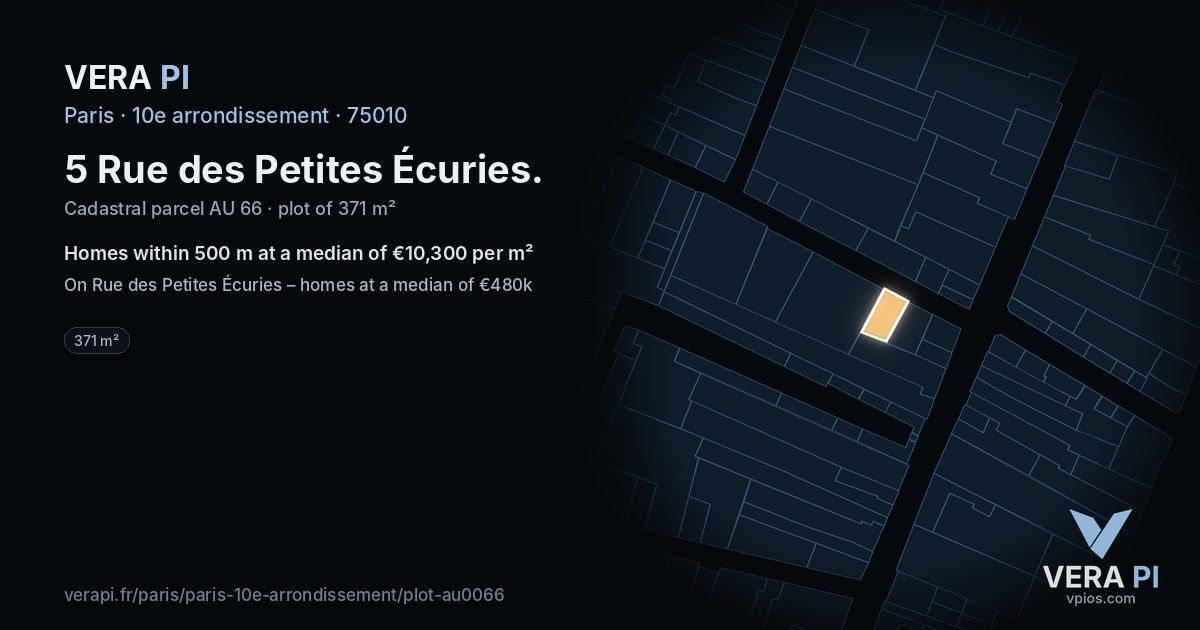 5 Rue des Petites Écuries, 10e arrondissement at night – the plot lit, the parcels around coloured by the prices near them